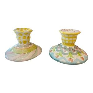 Vintage MacKenzie-Childs Hand-Painted Ceramic Candlesticks Retired Pattern